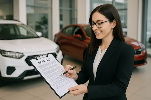 a woman representative holding a contract at a car dealership from Lemon Law Attorney San Antonio in San Antonio, TX - Lawyer near me a woman representative holding a contract at a car dealership from Lemon Law Attorney San Antonio in San Antonio, TX - Lawyer near me
