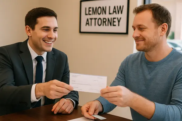 a lemon law lawyer handing a check to his customer after winning his case from Lemon Law Attorney San Antonio in San Antonio, TX - lemon law claim process a lemon law lawyer handing a check to his customer after winning his case from Lemon Law Attorney San Antonio in San Antonio, TX - lemon law claim process