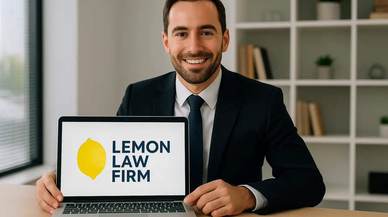 a lwayer in his office showing a laptop screen that says lemon law firm from Lemon Law Attorney San Antonio in San Antonio, TX - lemon law for chevy silverado