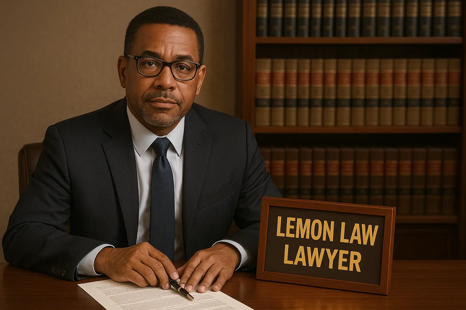 a lawyer seating at his desk with a sign next to him that says lemon law from Lemon Law Attorney San Antonio in San Antonio, TX - lemon law rules