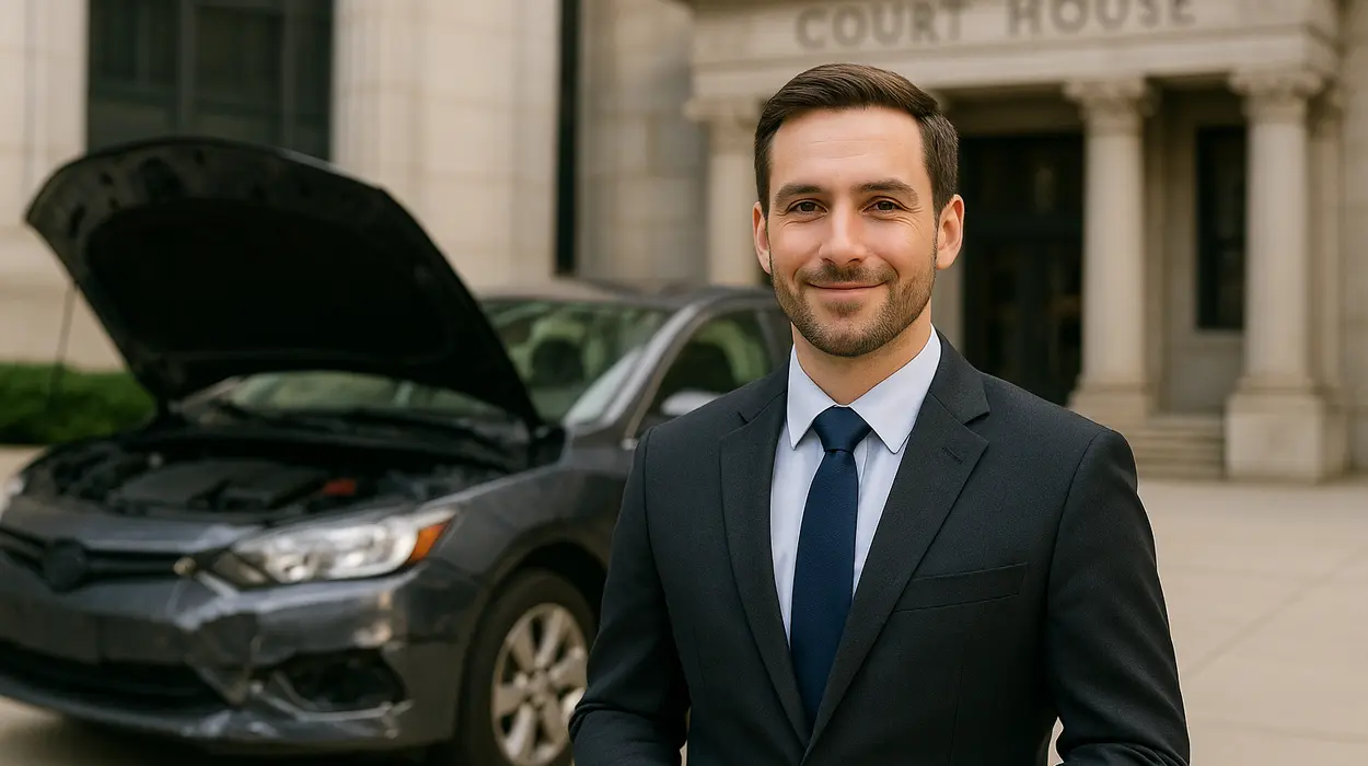 a male lawyer smiling at the camera with a lemon car in the background from Lemon Law Attorney San Antonio in New Braunfels, TX - New Braunfels TX