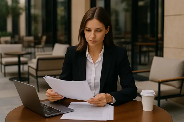 a female lawyer reading a document outside of a coffee place from Lemon Law Attorney San Antonio in San Antonio, TX - nissan lemon law