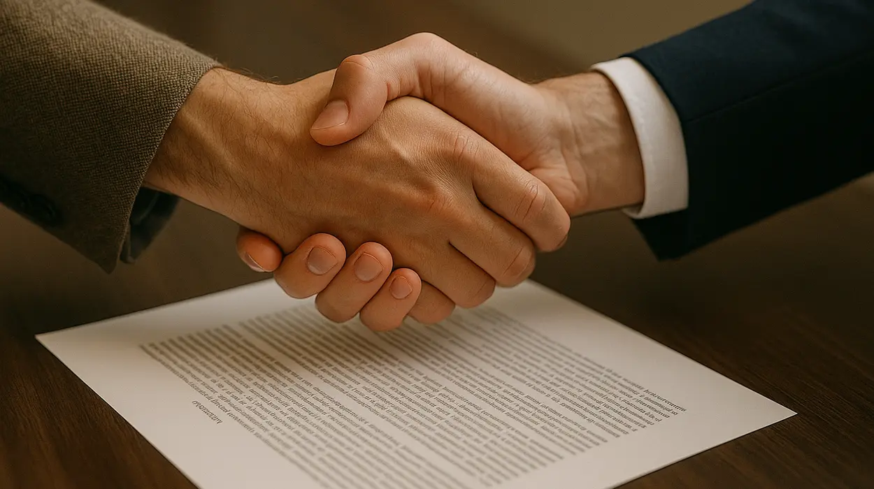 2 hands shaking closing a deal and a legal document underneath them; from Lemon Law Attorney San Antonio in San Antonio, TX - pro bono lemon law lawyers