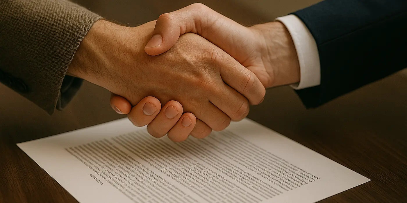 2 hands shaking closing a deal and a legal document underneath them; from Lemon Law Attorney San Antonio in San Antonio, TX - pro bono lemon law lawyers
