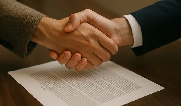 2 hands shaking closing a deal and a legal document underneath them; from Lemon Law Attorney San Antonio in San Antonio, TX - pro bono lemon law lawyers