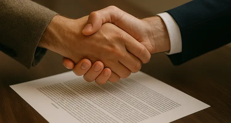 2 hands shaking closing a deal and a legal document underneath them; from Lemon Law Attorney San Antonio in San Antonio, TX - pro bono lemon law lawyers