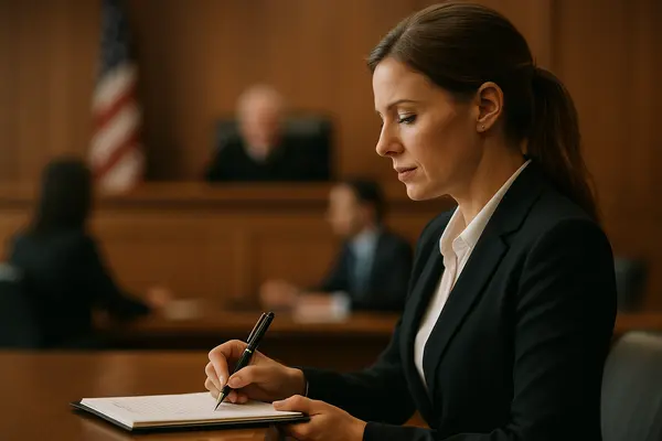 a female lawyer in a court room writing on her notes from Lemon Law Attorney San Antonio in San Antonio, TX - pro bono lemon law lawyers