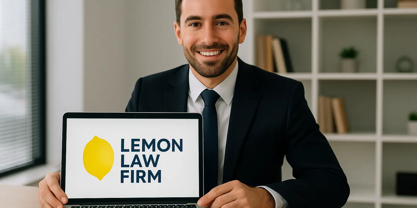 a lwayer in his office showing a laptop screen that says lemon law firm from Lemon Law Attorney San Antonio in Schertz, TX - Schertz TX