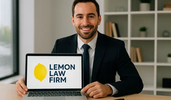 a lwayer in his office showing a laptop screen that says lemon law firm from Lemon Law Attorney San Antonio in Schertz, TX - Schertz TX