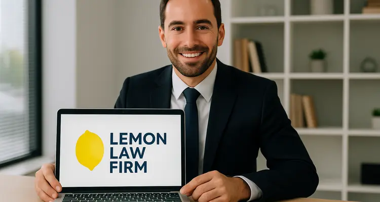 a lwayer in his office showing a laptop screen that says lemon law firm from Lemon Law Attorney San Antonio in Schertz, TX - Schertz TX
