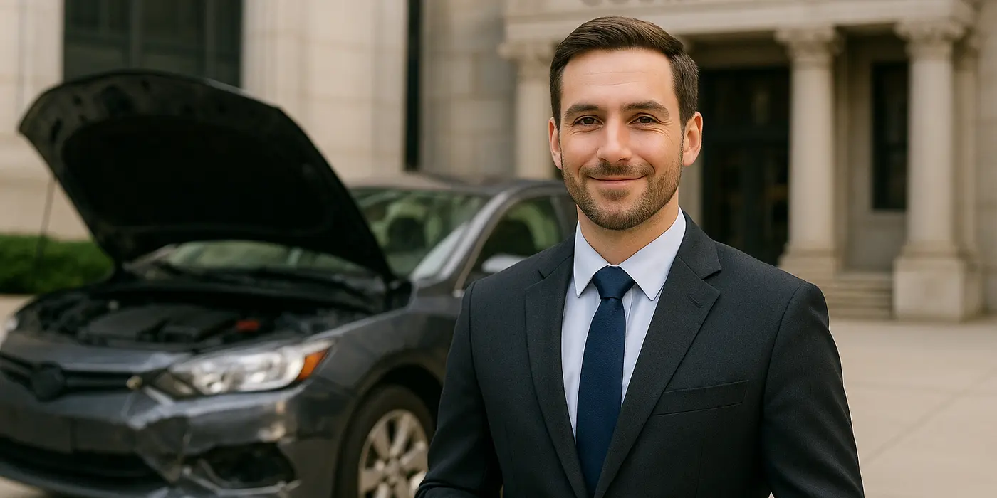 a male lawyer smiling at the camera with a lemon car in the background from Lemon Law Attorney San Antonio in San Antonio, TX - what is a lemon car