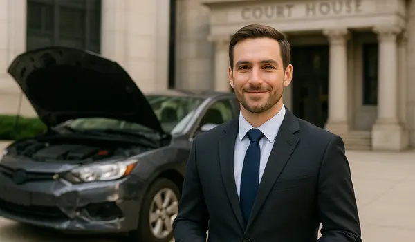a male lawyer smiling at the camera with a lemon car in the background from Lemon Law Attorney San Antonio in San Antonio, TX - what is a lemon car