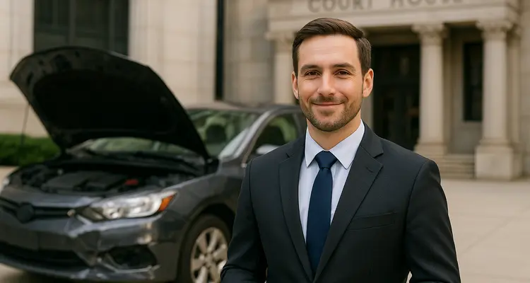a male lawyer smiling at the camera with a lemon car in the background from Lemon Law Attorney San Antonio in San Antonio, TX - what is a lemon car